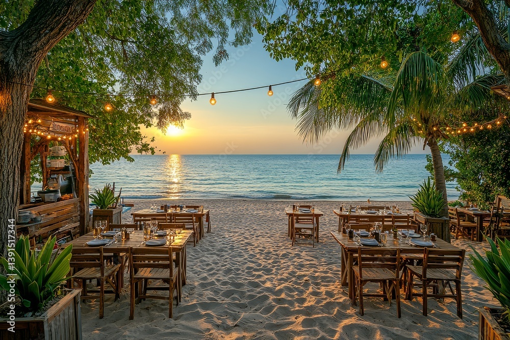 Fototapeta premium Golden Hour at Alappuzha Beach Restaurant, Greece: Seaside Dining Amidst Palm Trees