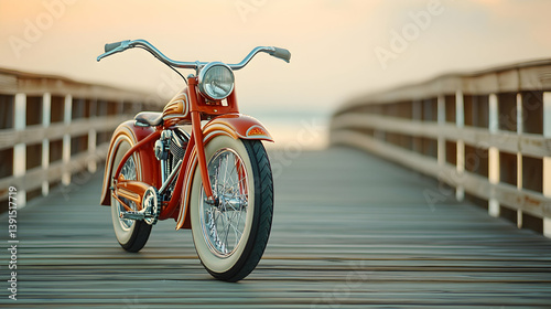 Vintage orange motorcycle on wooden pier at sunset.