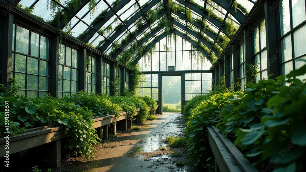 Abandoned glass greenhouse overgrown with plants and natural light showing silent solitude Abandoned glass greenhouse overgrown with plants and natural light showing silent solitude