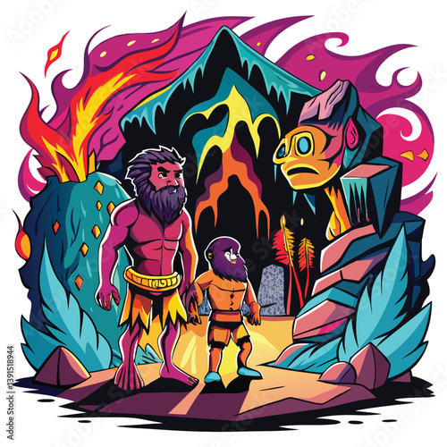 Cartoonish showcasing cavemen amidst volcanos and tribal design elements