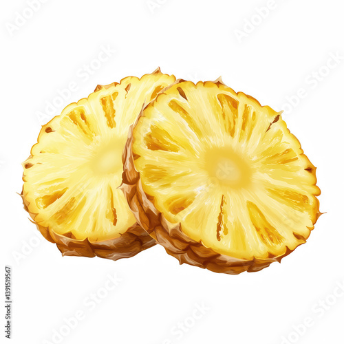 Realistic illustration of fresh juicy pineapple slices cut in half, isolated on transparent background.