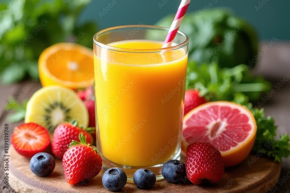 Colorful Low-Sugar Smoothie with Fruit and Veggies on Wooden Board Colorful Low-Sugar Smoothie with Fruit and Veggies on Wooden Board