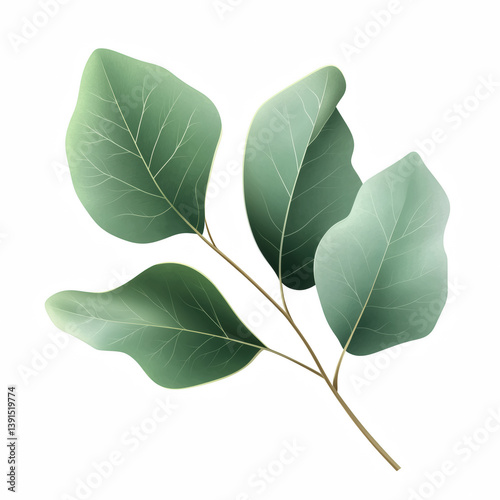 Realistic illustration of a eucalyptus branch with five soft green leaves and visible veins isolated on transparent background