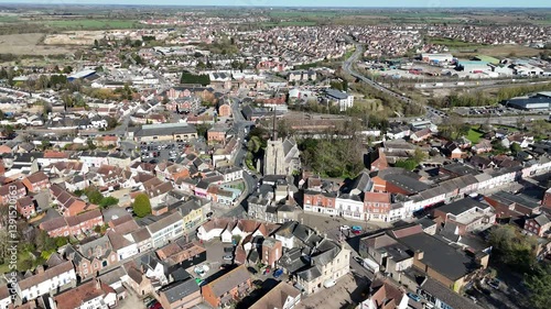 Stowmarket town centre Suffolk UK pull back drone aerial reverse reveal photo