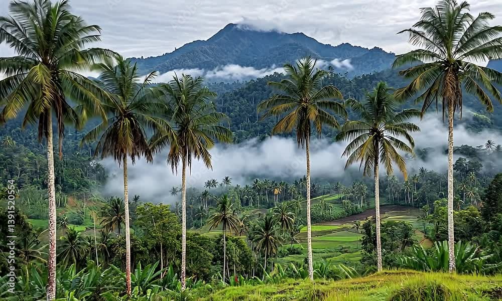 A picturesque landscape of tall palm trees, rolling hills, mountains, and misty valleys. A picturesque landscape of tall palm trees, rolling hills, mountains, and misty valleys.