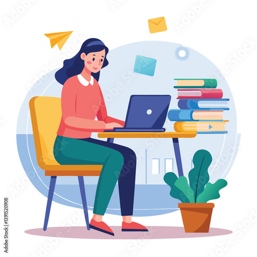 a girl is using his laptop vector