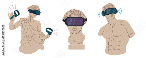 Antique Greek statue and god bust in VR goggles contemporary pop art icon vector flat illustration. Historical ancient Roman woman monument in virtual reality eyeglasses psychedelic concept .