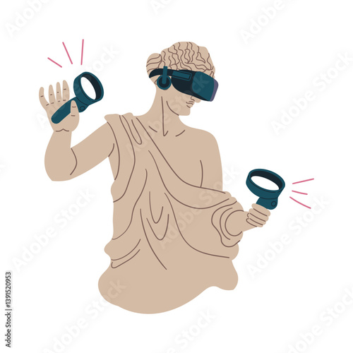 Antique Greek statue and god bust in VR goggles contemporary pop art icon vector flat illustration. Historical ancient Roman woman monument in virtual reality eyeglasses psychedelic concept .