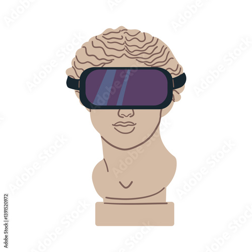 Antique Greek statue and god bust in VR goggles contemporary pop art icon vector flat illustration. Historical ancient Roman woman monument in virtual reality eyeglasses psychedelic concept .