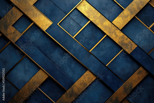 Abstract geometric background with intersecting gold and navy blue stripes creating a luxurious, textured design.