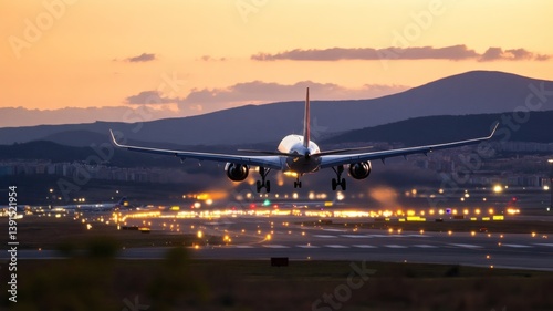 A plane seen from the control tower, landing at Madrid airport.