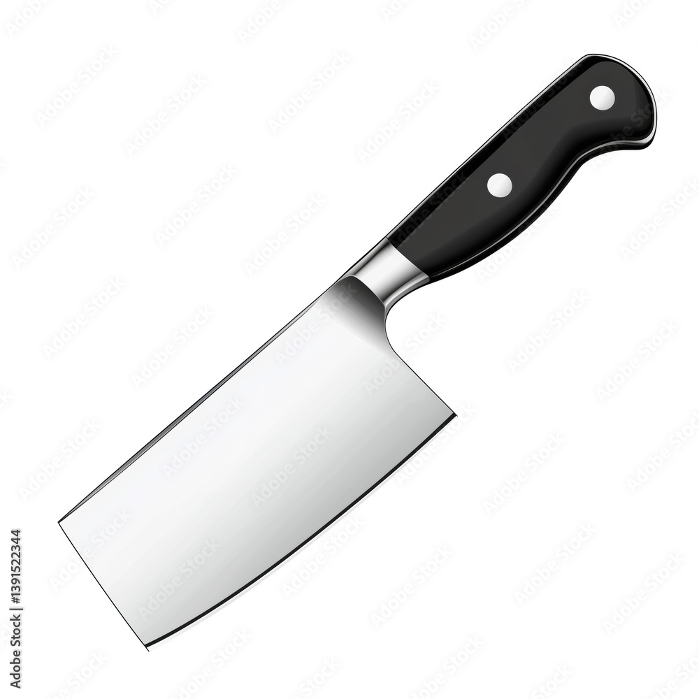 Realistic illustration of a stainless steel meat cleaver knife with a sharp wide blade and black ergonomic handle, professional kitchen tool, isolated on transparent background.
Realistic illustration of a stainless steel meat cleaver knife with a sharp wide blade and black ergonomic handle, professional kitchen tool, isolated on transparent background.