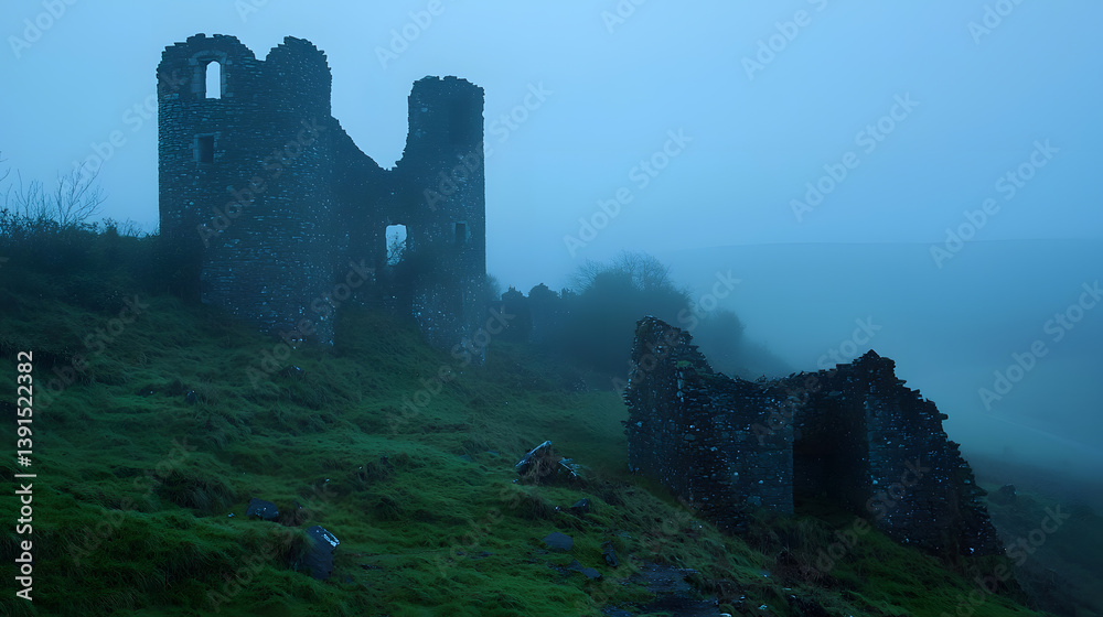 Fototapeta premium Ancient Stone Fortress: An imposing stone fortress stands defiantly against the test of time, its weathered walls shrouded in an ethereal mist, inviting a journey to the past.