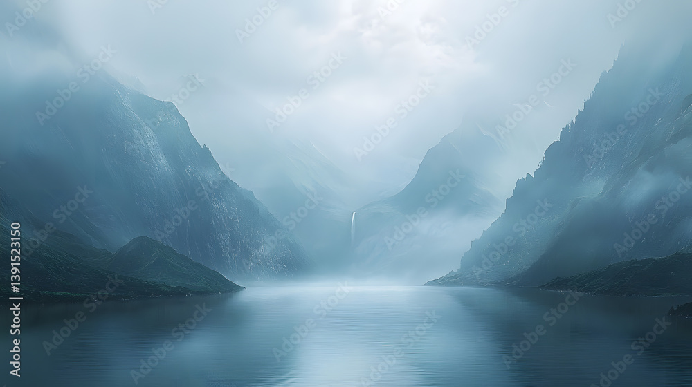 Fototapeta premium Mystic Lake in the Mountains: A serene landscape of towering mountains, shrouded in a misty veil, embracing a tranquil lake, a stunning view of untamed natural beauty.