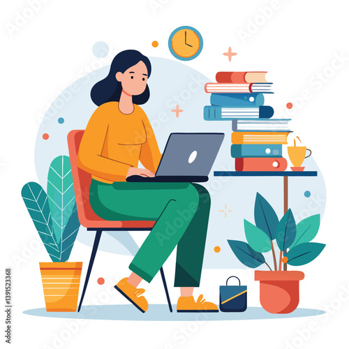 a girl is using his laptop vector
