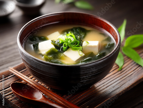  classic miso soup, p: a bowl of warm miso soup with fresh wakame seaweed,