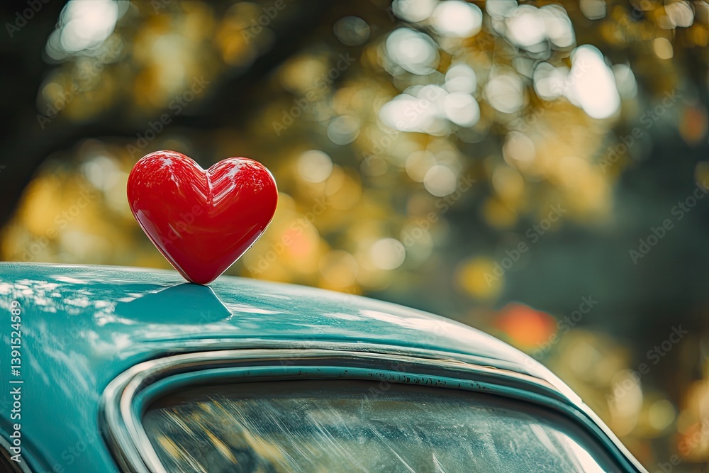 Red Heart on Vintage Car Hood Symbolizing Love and Travel