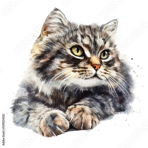 Pallas's cat, watercolor illustration, isolated on a white background.

