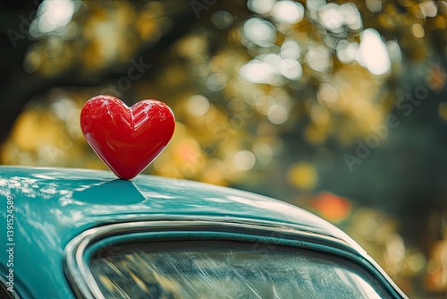 Obraz na płótnie Red Heart on Vintage Car Hood Symbolizing Love and Travel w salonie