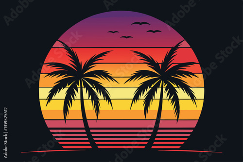 Retro Palm Trees Silhouettes with Sunset Hues and Flying Birds on a Dark Background