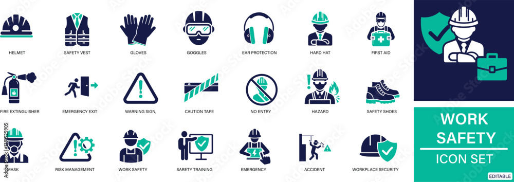 Fototapeta premium Clean and modern icon set featuring work safety, , helmets, and hazard symbols. Perfect for construction, factories, safety manuals, and training materials.