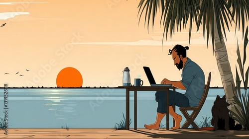 Man Using Laptop on Beach with Dog and Sunset Illustration