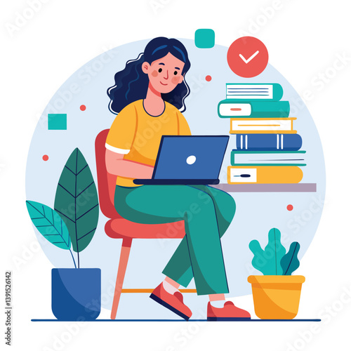a girl is using his laptop vector