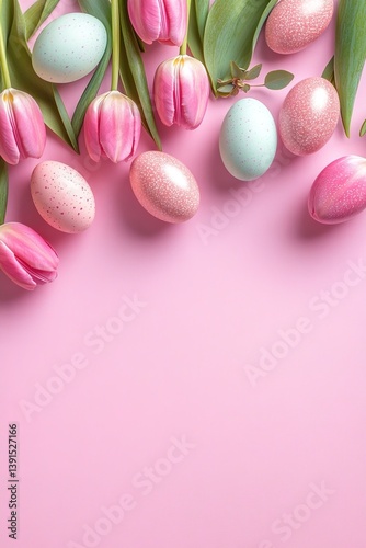 Flat lay vertical composition featuring pink spring tulips and pastel colored eggs on pink background, perfect for Easter and spring themes