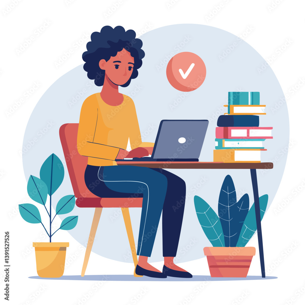 a girl is using his laptop vector