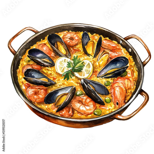 Paella Valenciana, watercolor illustration, isolated on a white background.

