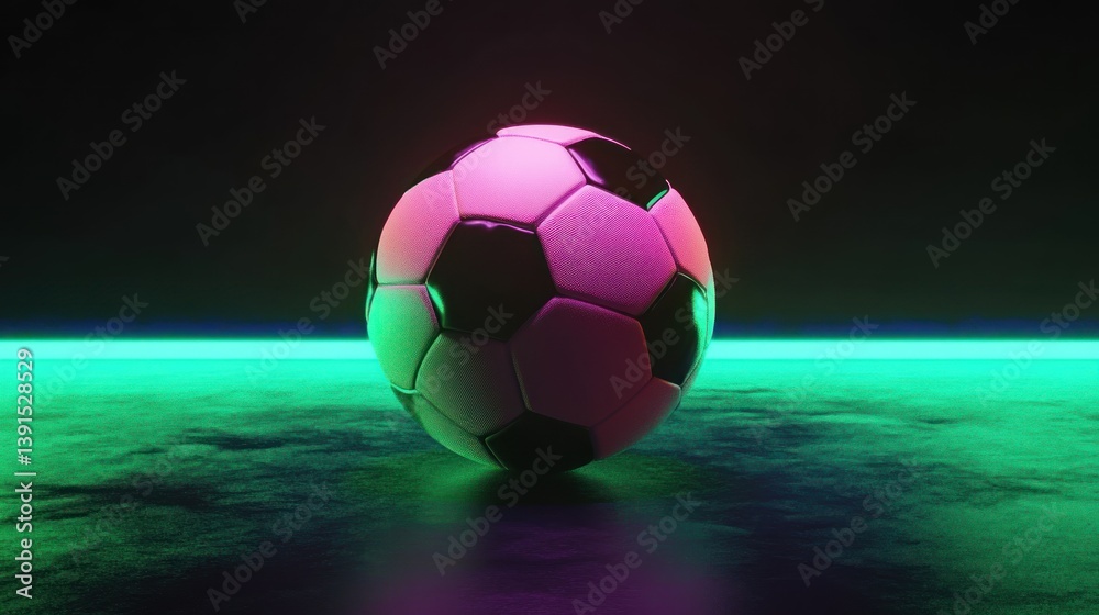 Fototapeta premium Futuristic pink soccer ball on a vibrant green and black platform