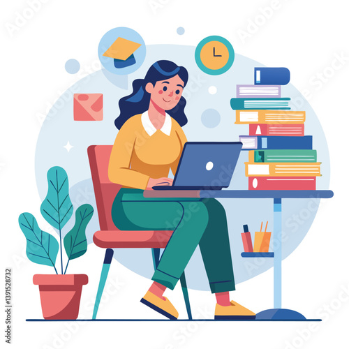 a girl is using his laptop vector