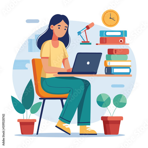 a girl is using his laptop vector