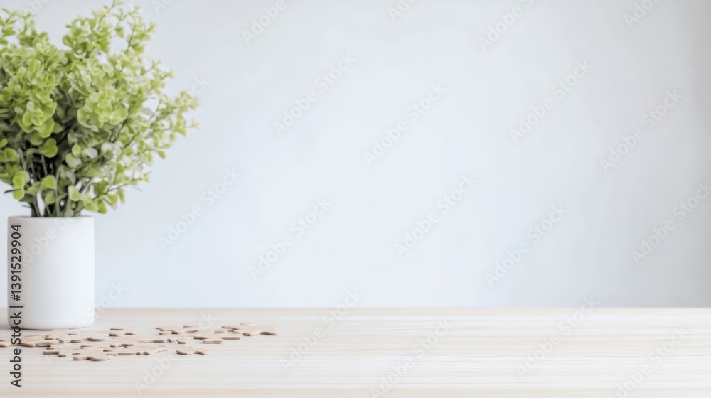 Fototapeta premium Simple, minimalist desk scene with a small potted plant and scattered wooden pieces