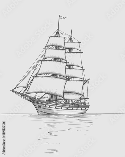 Majestic yacht sailing ship with large sails, cruising on the ocean waves, drawn in an engraved, woodcut style sketch vector illustration. Scratch board. Black and white image. EPS 10 version.