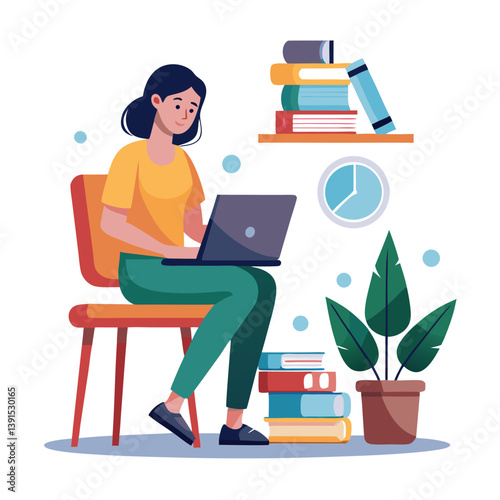 a girl is using his laptop vector
