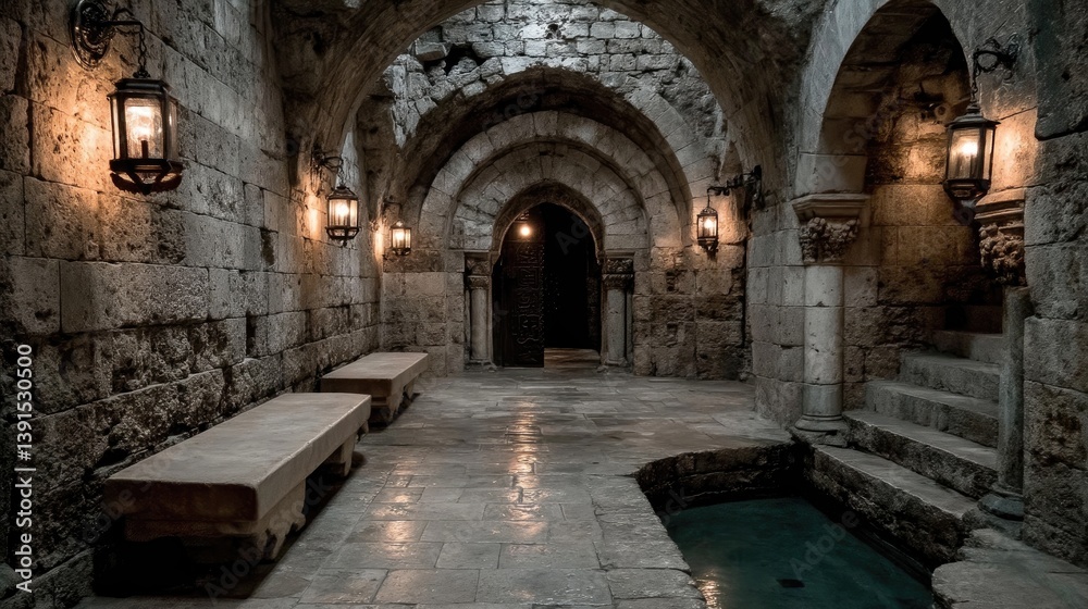 Fototapeta premium Stone arched passage with lanterns and benches showcasing architectural design