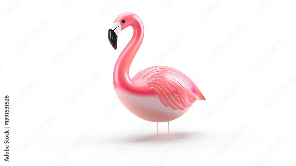 Fototapeta premium A vibrant pink inflatable flamingo is prominently isolated on a pristine white background, a wonderful creation by generative AI. The distinct and eye-catching shape of the flamingo, with its bright 