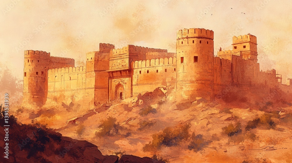 Fototapeta premium Detailed Illustration of an Ancient Castle Fortress in a Dusty Desert Landscape with Warm Colors