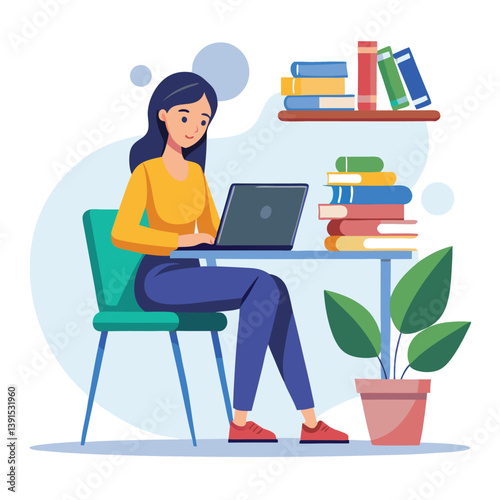 a girl is using his laptop vector