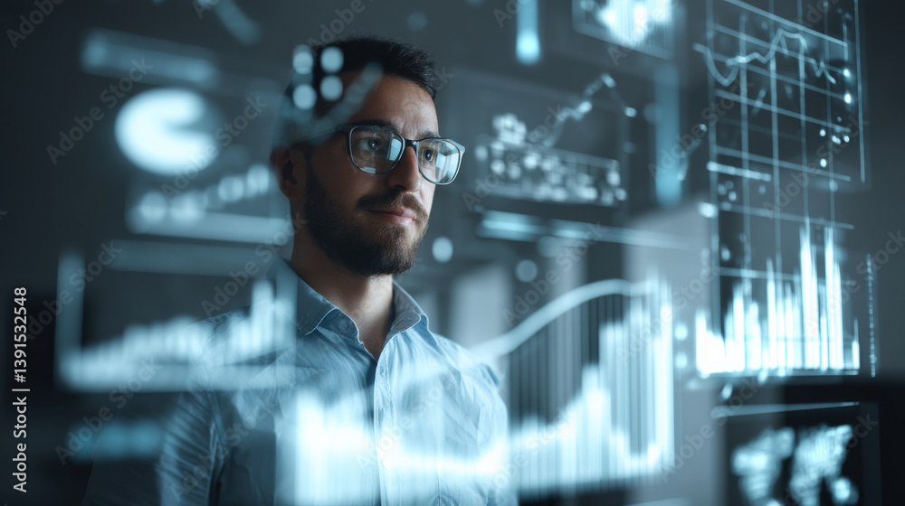 business analyst stands confidently in front of holographic screen displaying various data charts and graphs, reflecting futuristic and innovative work environment business analyst stands confidently in front of holographic screen displaying various data charts and graphs, reflecting futuristic and innovative work environment