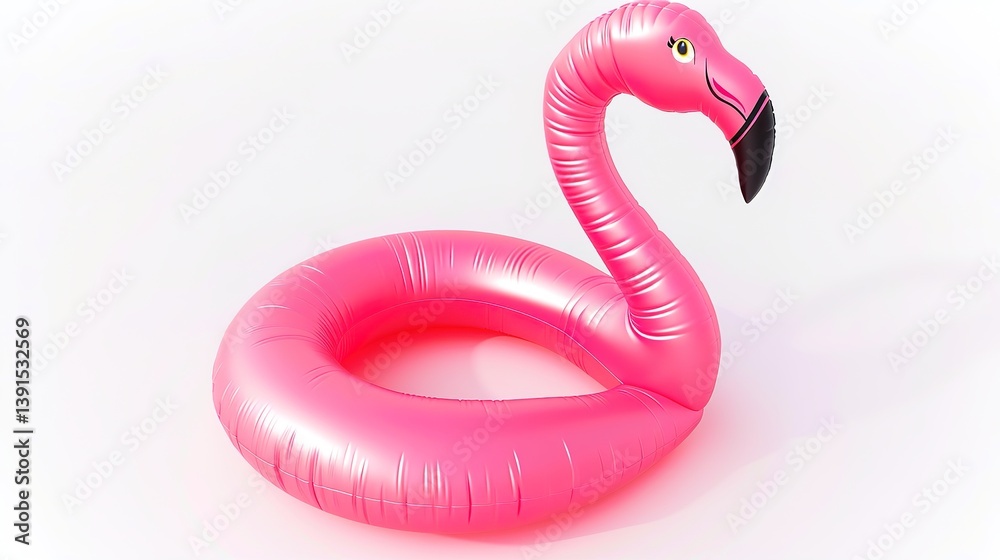 Fototapeta premium A vibrant pink inflatable flamingo is prominently isolated on a pristine white background, a wonderful creation by generative AI. The distinct and eye-catching shape of the flamingo, with its bright 