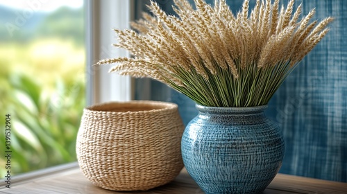 Wheat stalks in blue vase & woven basket.