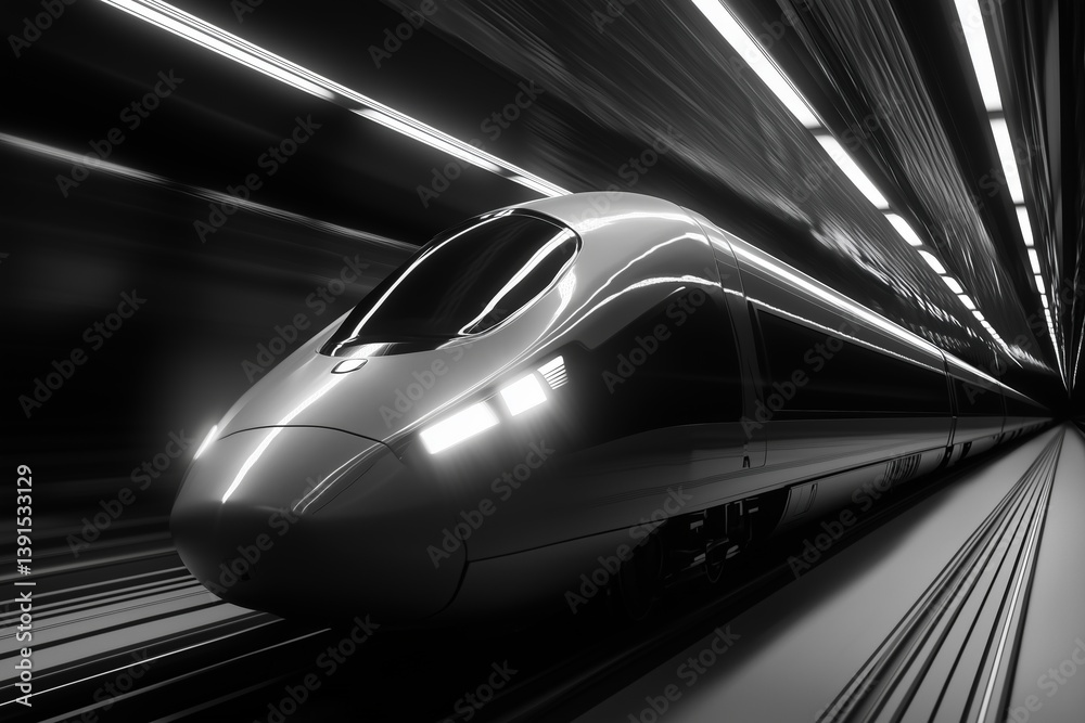 Speeding through the darkness: A futuristic train races through a tunnel, blurring the light around it. A marvel of modern travel. Black and white. Speeding through the darkness: A futuristic train races through a tunnel, blurring the light around it. A marvel of modern travel. Black and white.