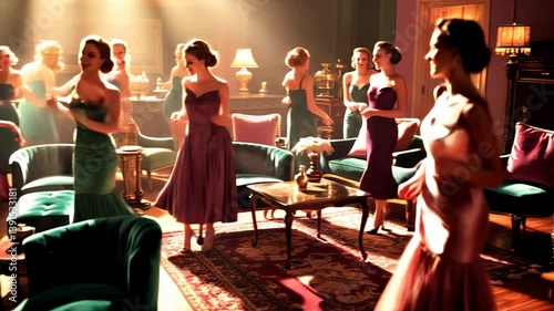 A vibrant 60s-themed party at a cozy one-story house, where a young couple hosts friends. The retro atmosphere is filled with laughter, vintage decor