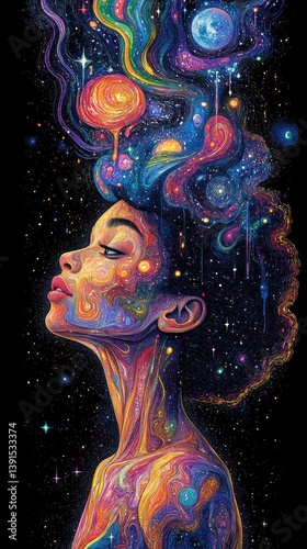 Cosmic woman, vibrant portrait with nebulae hair,  reaching for the stars