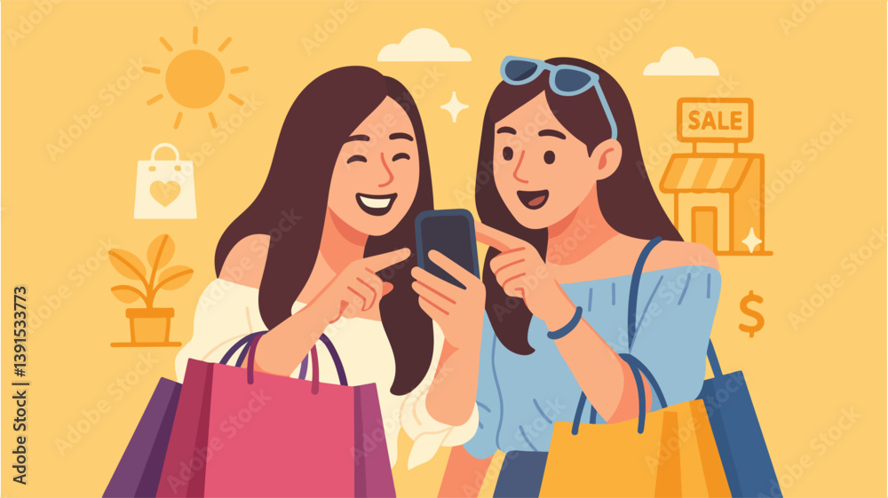 Happy Shopping Day Two Stylish Women Explore the Latest Deals Happy Shopping Day Two Stylish Women Explore the Latest Deals