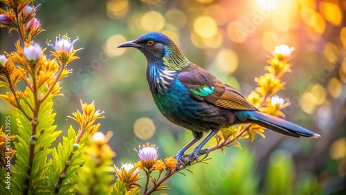 Native New Zealand bird in lush forest habitat
