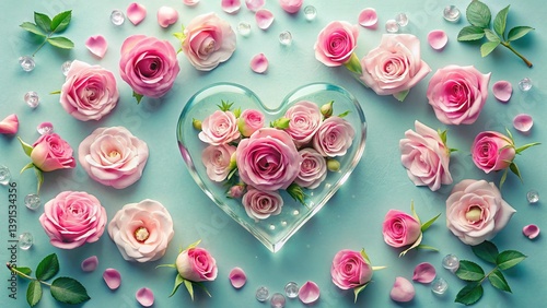 Pastel Blue Background with Pink Glass Rose Flower Heart Decoration - Flat Lay Stock Photo