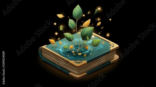 Open Book with Plant and Leaves Illustration
